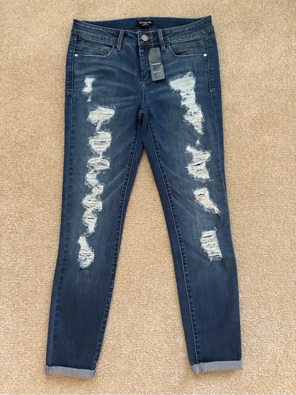 BEBE Distressed Dark Blue Skinny Jeans